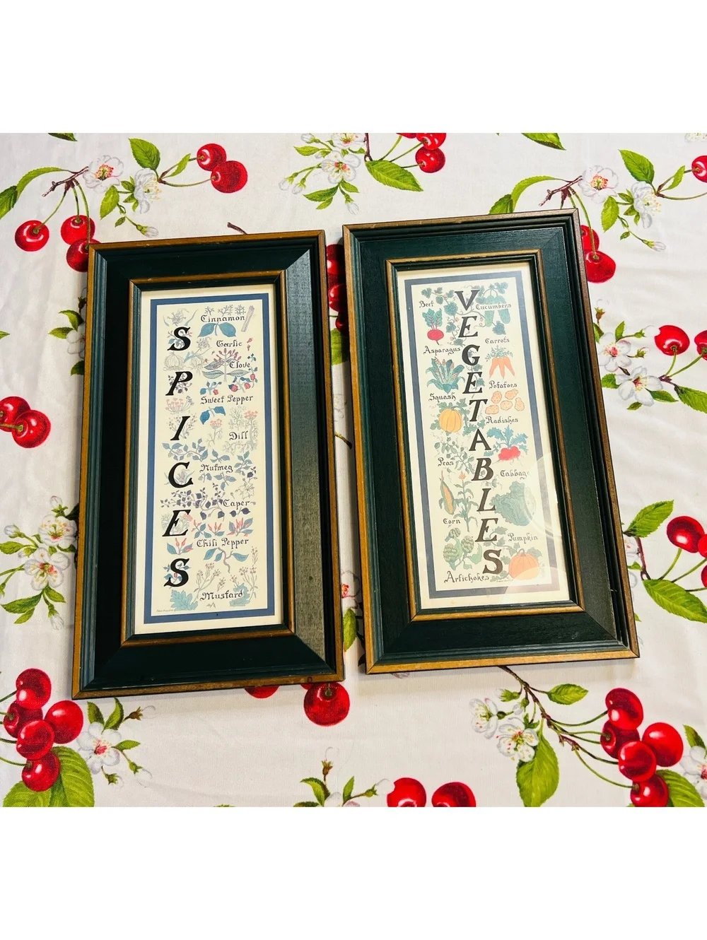 Vintage Framed Spices and Vegetables Botanical Prints Set of 2, 9x16.5 Inches